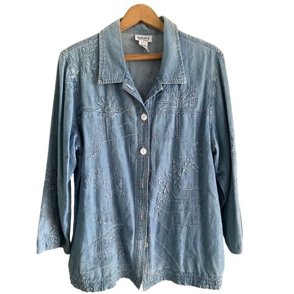 Graff by Um Company Womens Vintage Denim Embroidered Beaded Buttoned Shirt Sz PL - Picture 1 of 15